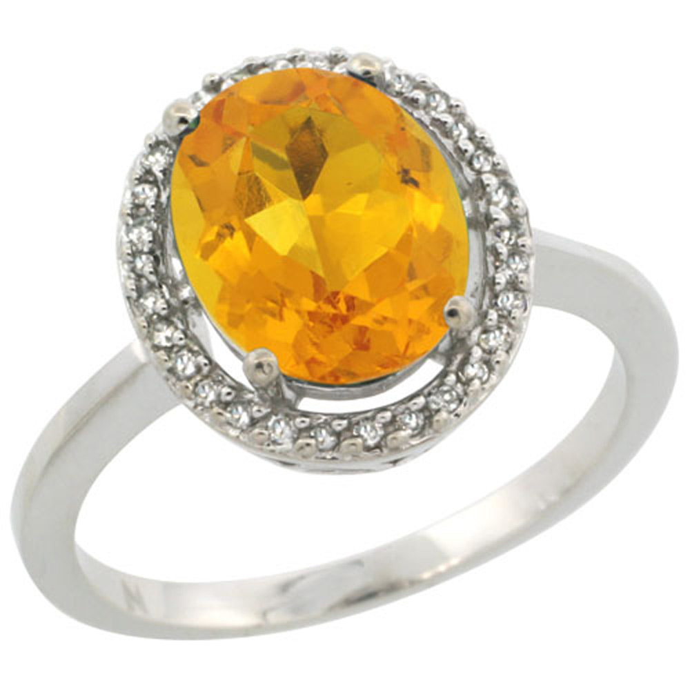 Sterling Silver Diamond Halo Natural Citrine Ring Oval 10X8 mm, 1/2 inch wide, sizes 5-10