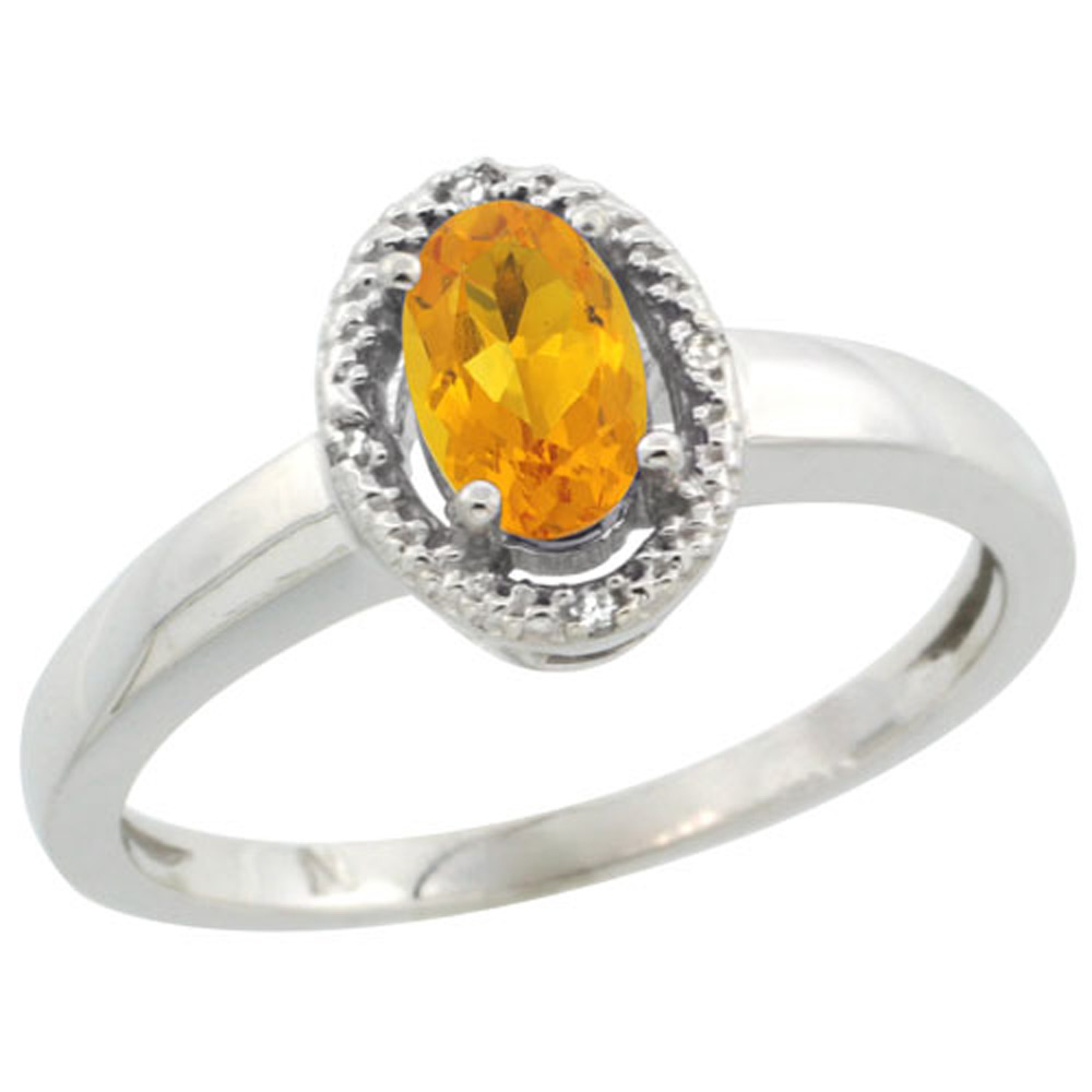 Sterling Silver Diamond Halo Natural Citrine Ring Oval 6X4 mm, 3/8 inch wide, sizes 5-10