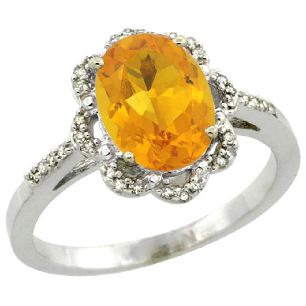 Sterling Silver Diamond Halo Natural Citrine Ring Oval 9x7mm, 7/16 inch wide, sizes 5-10