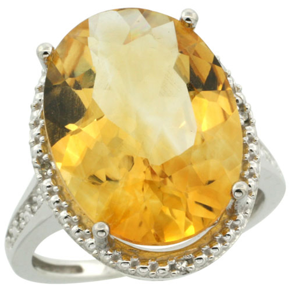 Sterling Silver Diamond Natural Citrine Ring Oval 18x13mm, 3/4 inch wide, sizes 5-10