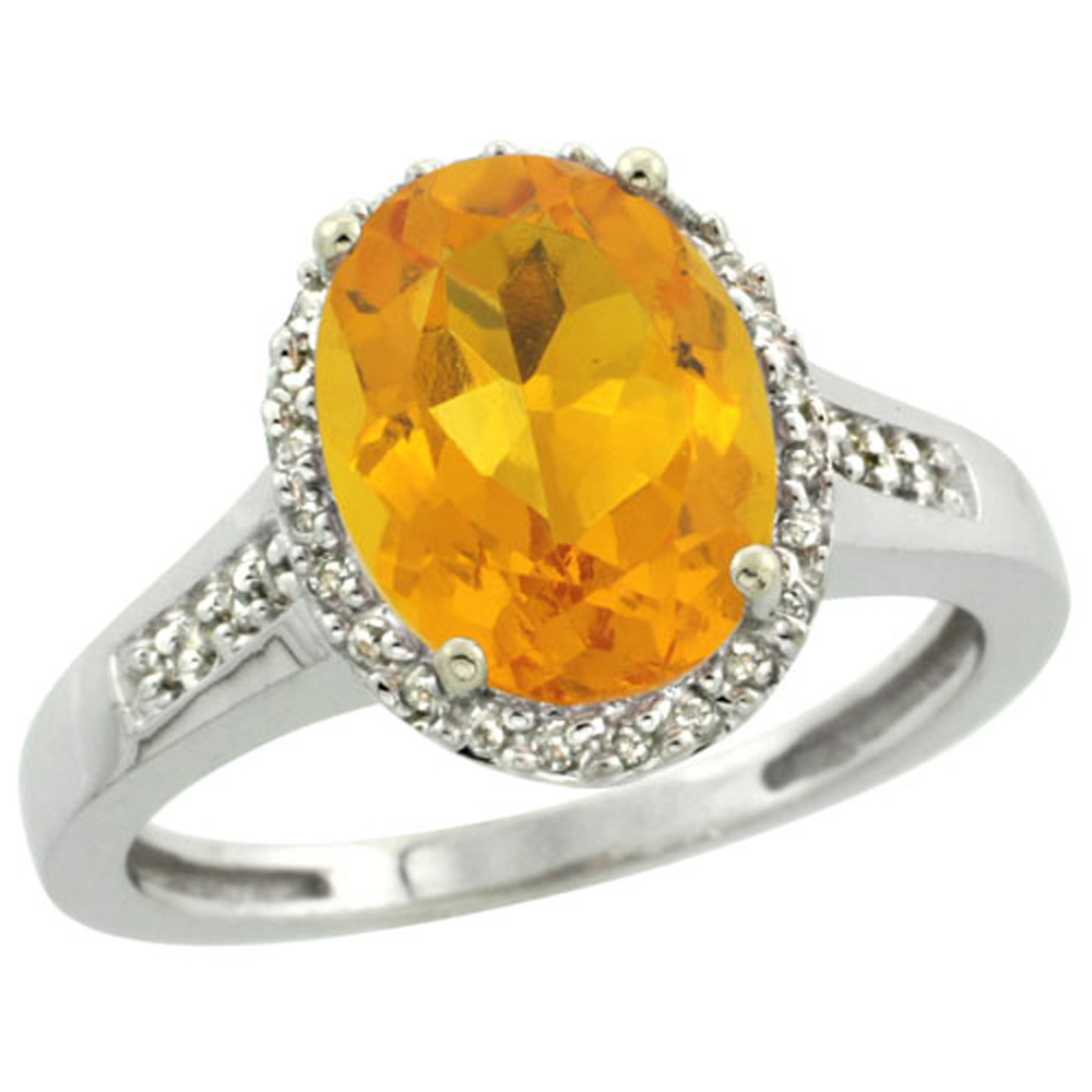 Sterling Silver Diamond Natural Citrine Ring Oval 10x8mm, 1/2 inch wide, sizes 5-10