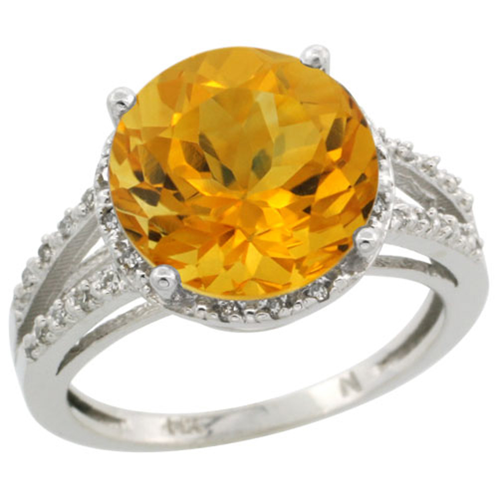 Sterling Silver Diamond Natural Citrine Ring Round 11mm, 1/2 inch wide, sizes 5-10