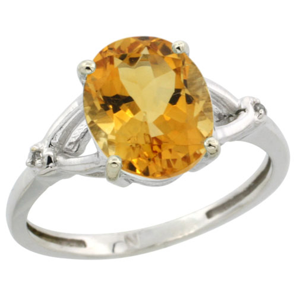 Sterling Silver Diamond 10x8mm Oval Natural Citrine Engagement Ring for Women 3/8 inch wide Sizes 5-10