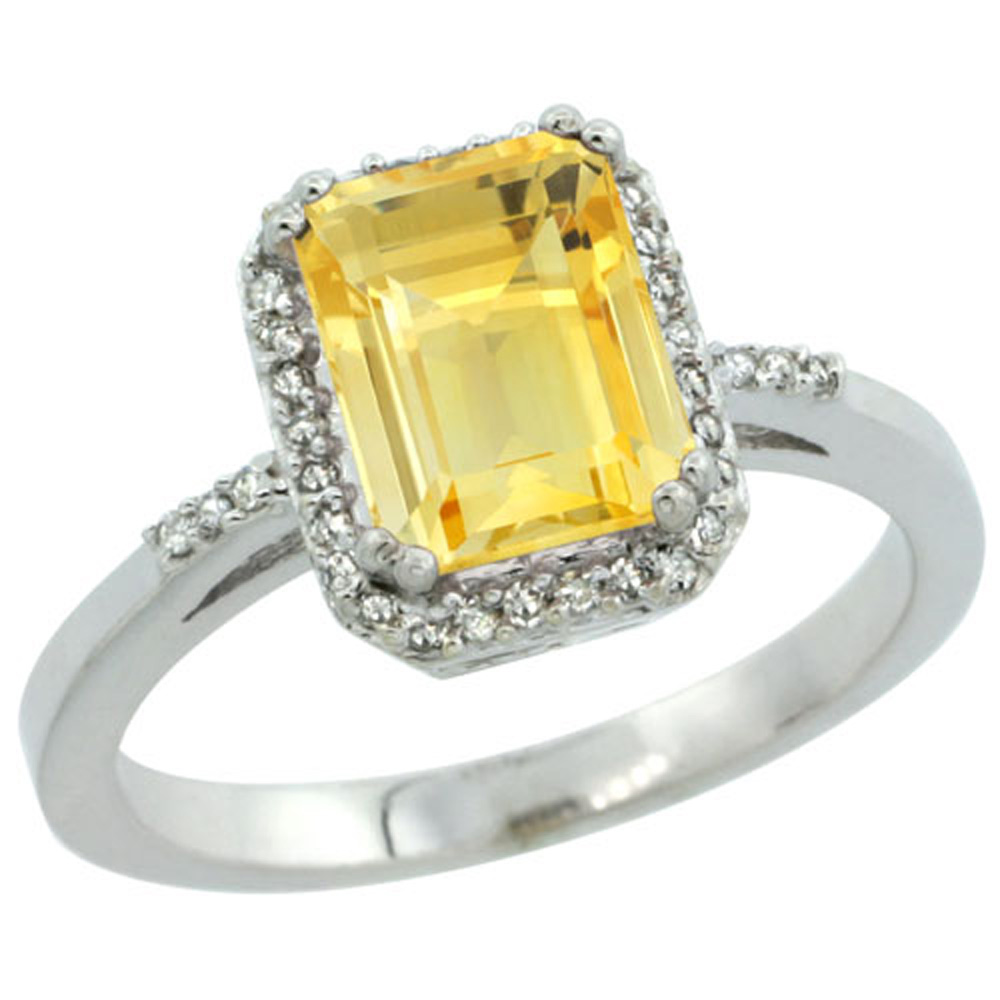 Sterling Silver Diamond Natural Citrine Ring Emerald-cut 8x6mm, 1/2 inch wide, sizes 5-10