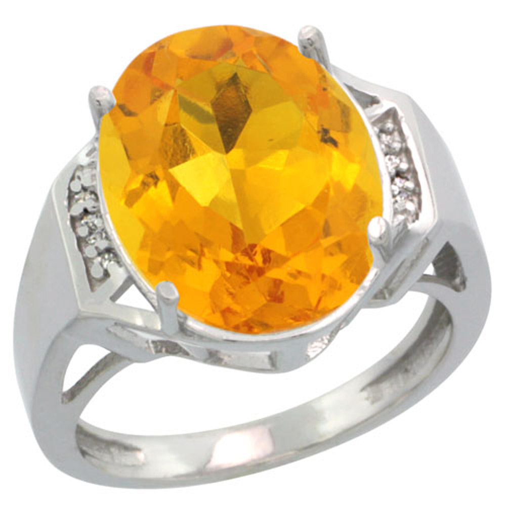 Sterling Silver Diamond Natural Citrine Ring Oval 16x12mm, 5/8 inch wide, sizes 5-10