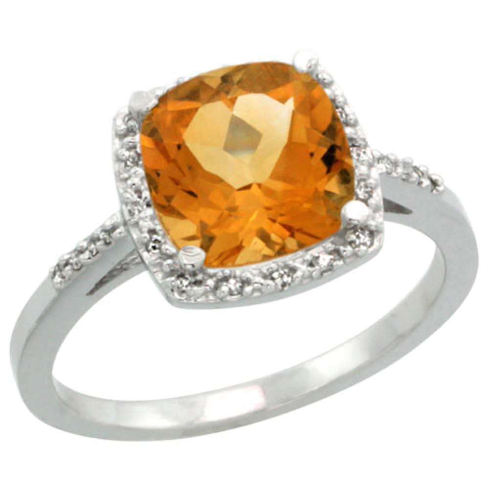 Sterling Silver Diamond Natural Citrine Ring Cushion-cut 8x8mm, 1/2 inch wide, sizes 5-10