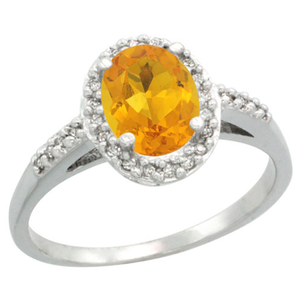 Sterling Silver Diamond Natural Citrine Ring Oval 8x6mm, 3/8 inch wide, sizes 5-10