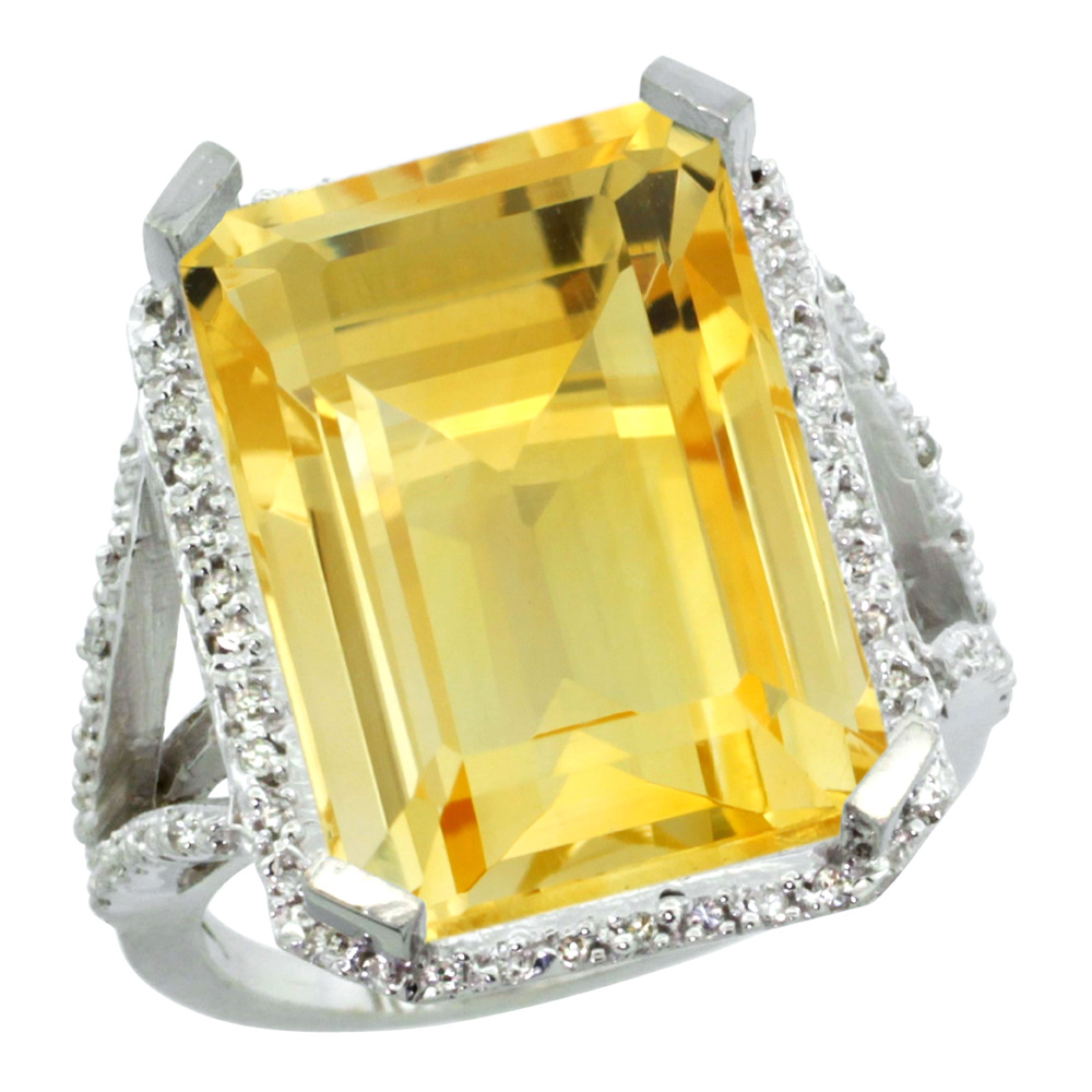 Sterling Silver Diamond Natural Citrine Ring Emerald-cut 18x13mm, 13/16 inch wide, sizes 5-10