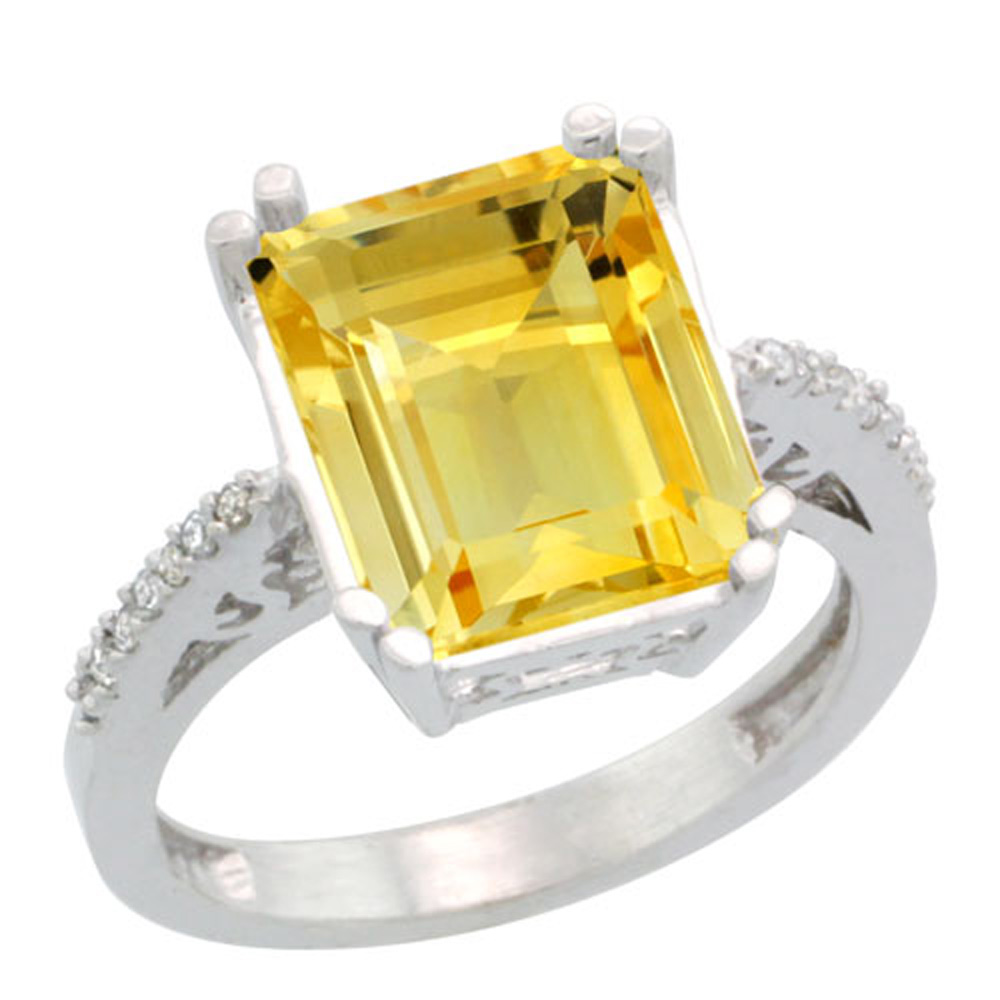 Sterling Silver Diamond Natural Citrine Ring Emerald-cut 12x10mm, 1/2 inch wide, sizes 5-10