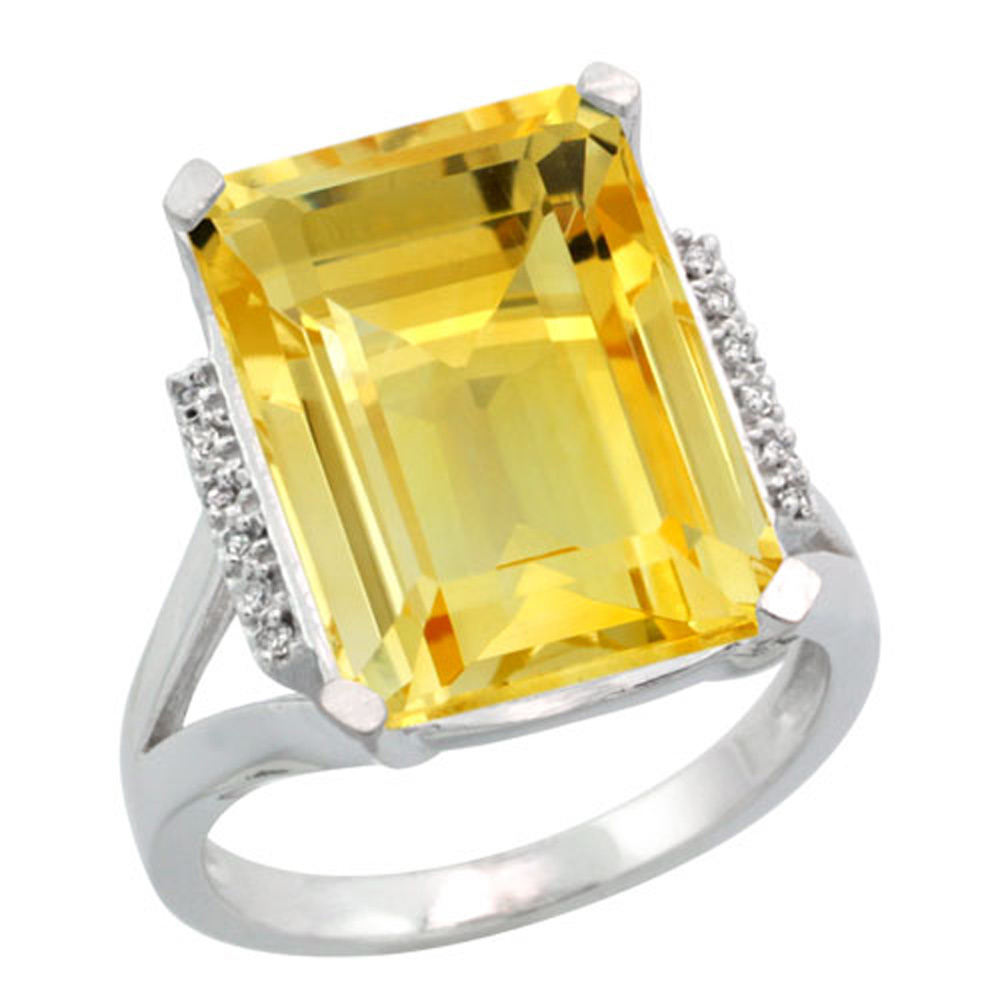 Sterling Silver Diamond Natural Citrine Ring Emerald-cut 16x12mm, 3/4 inch wide, sizes 5-10