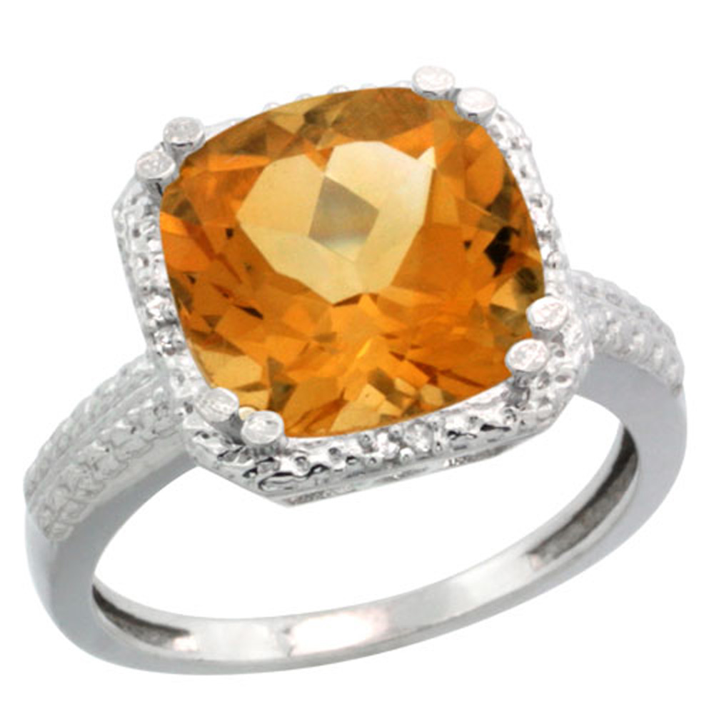 Sterling Silver Diamond Natural Citrine Ring Cushion-cut 11x11mm, 1/2 inch wide, sizes 5-10