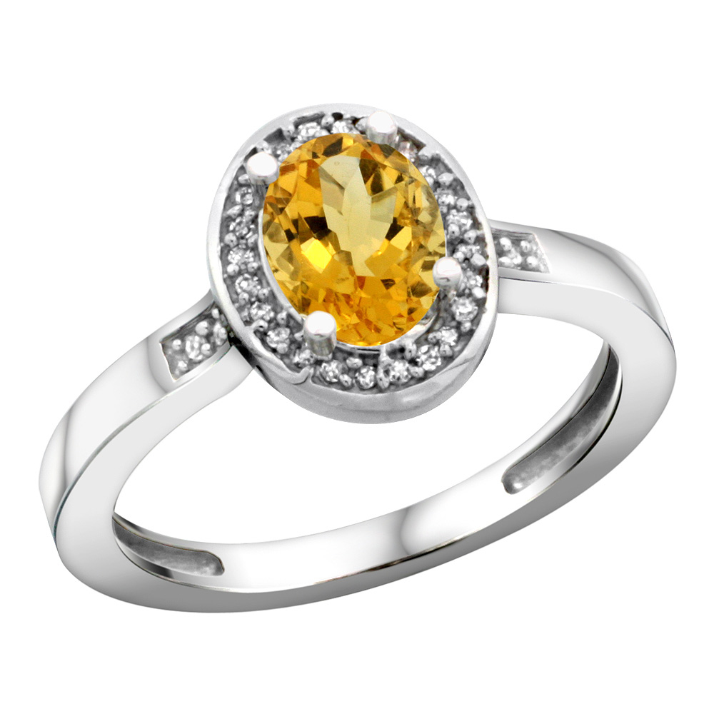 Sterling Silver Diamond Natural Citrine Ring Oval 7x5mm, 1/2 inch wide, sizes 5-10