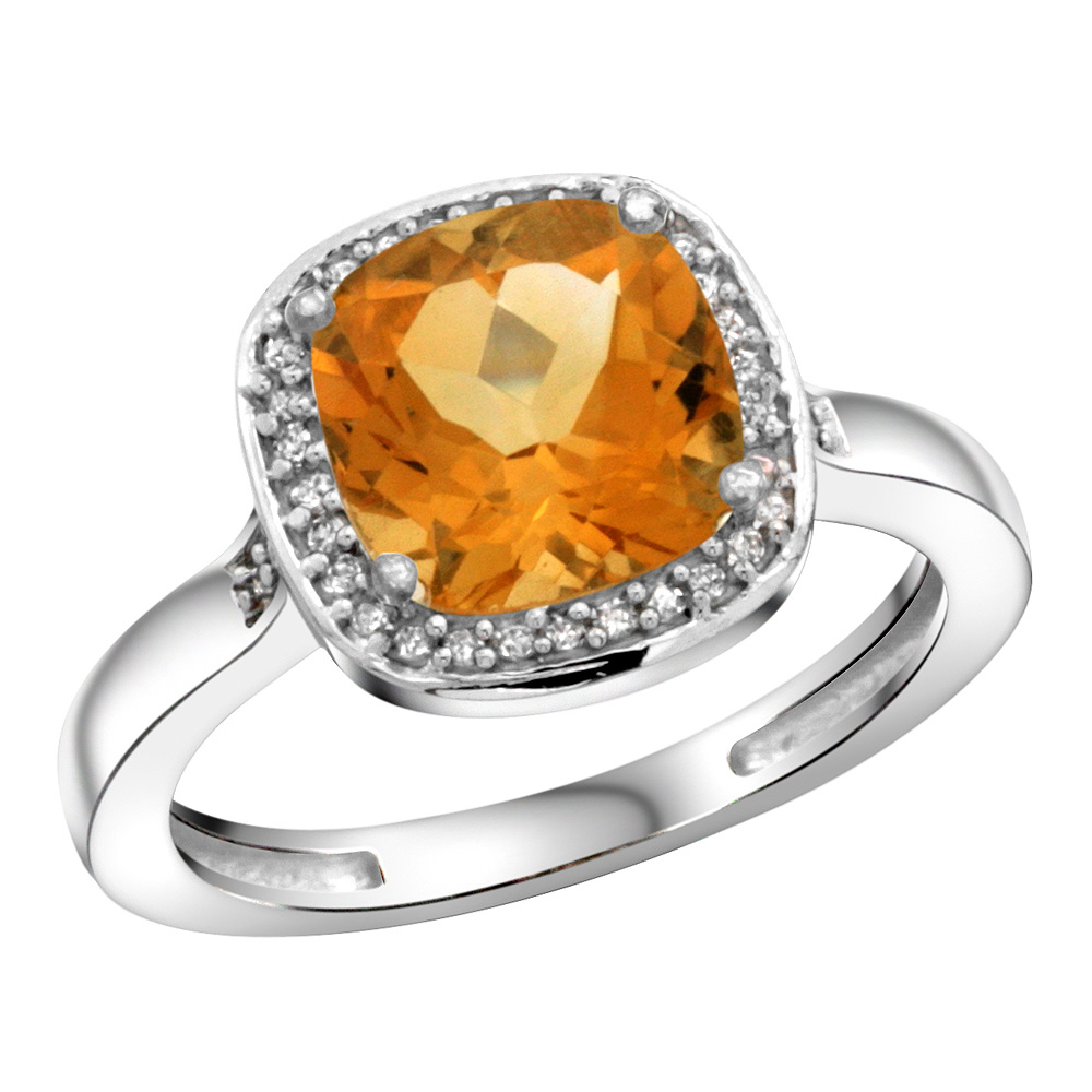 Sterling Silver Diamond Natural Citrine Ring Cushion-cut 8x8mm, 1/2 inch wide, sizes 5-10
