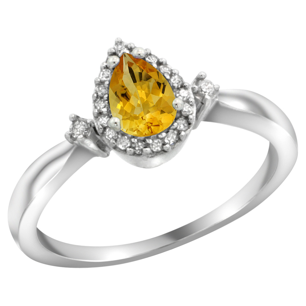 Sterling Silver Diamond Natural Citrine Ring 0.33 ct Tear Drop 6x4 Stone 3/8 inch wide, sizes 5-10