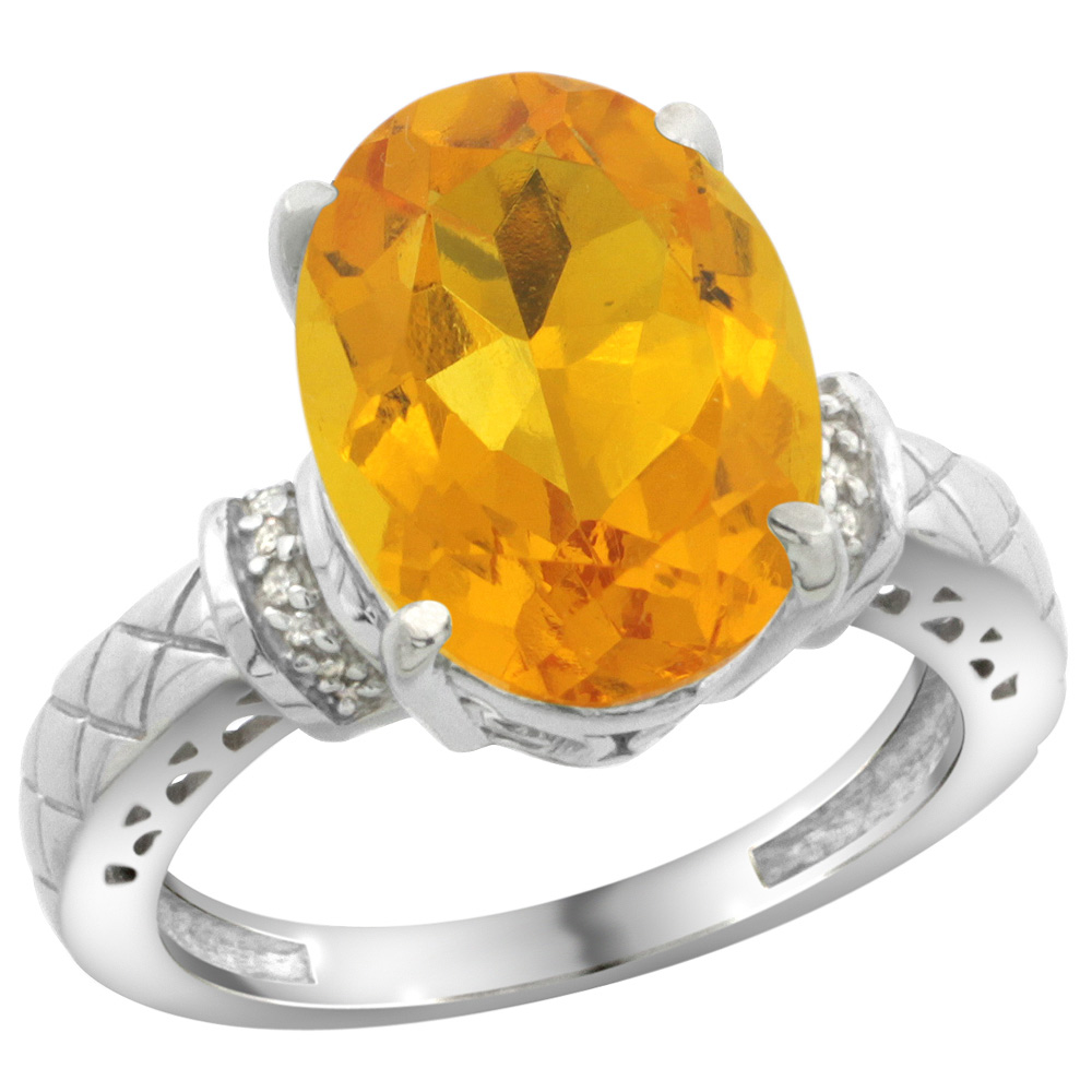 Sterling Silver Diamond Natural Citrine Ring Oval 14x10mm, sizes 5-10