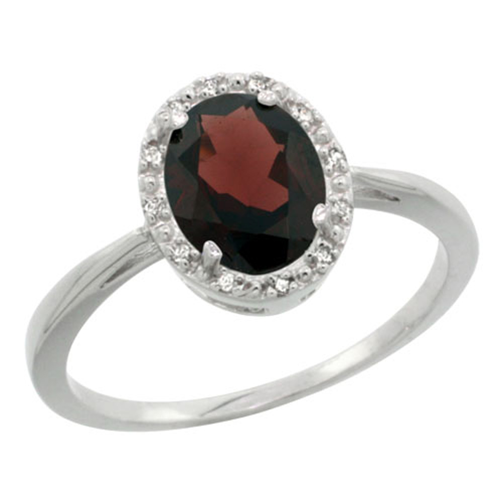 Sterling Silver Natural Garnet Diamond Halo Ring Oval 8X6mm, 1/2 inch wide, sizes 5-10