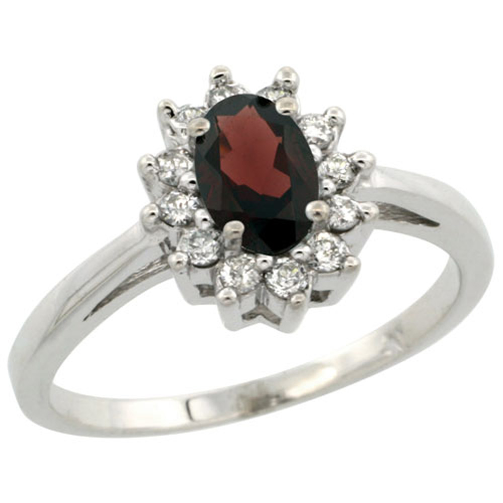 Sterling Silver Natural Garnet Diamond Flower Halo Ring Oval 6X4mm, 3/8 inch wide, sizes 5-10