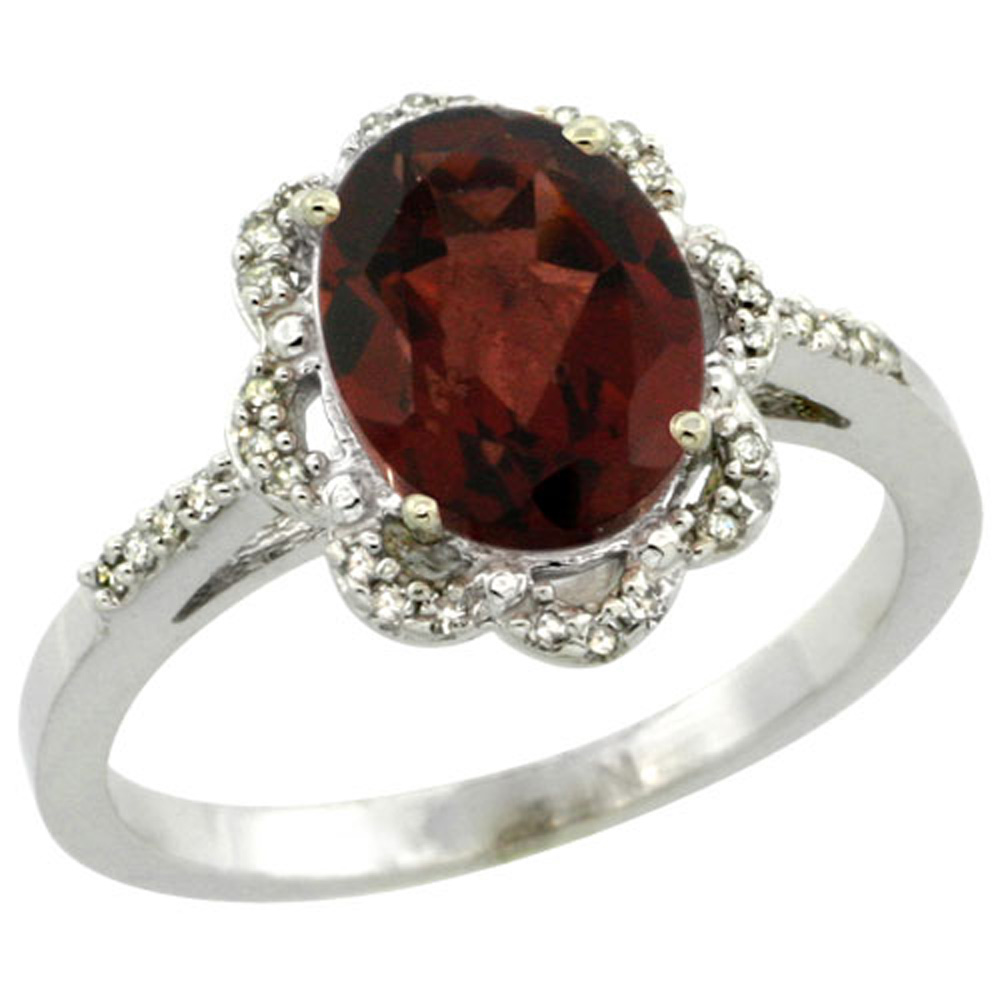Sterling Silver Diamond Halo Natural Garnet Ring Oval 9x7mm, 7/16 inch wide, sizes 5-10