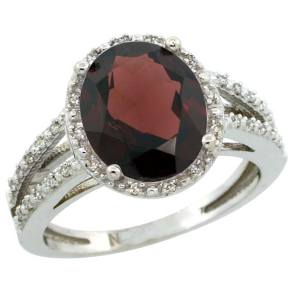 Sterling Silver Diamond Halo Natural Garnet Ring Oval 11x9mm, 7/16 inch wide, sizes 5-10
