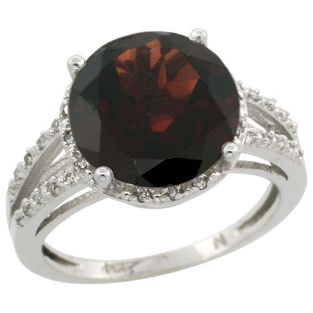 Sterling Silver Diamond Natural Garnet Ring Round 11mm, 1/2 inch wide, sizes 5-10