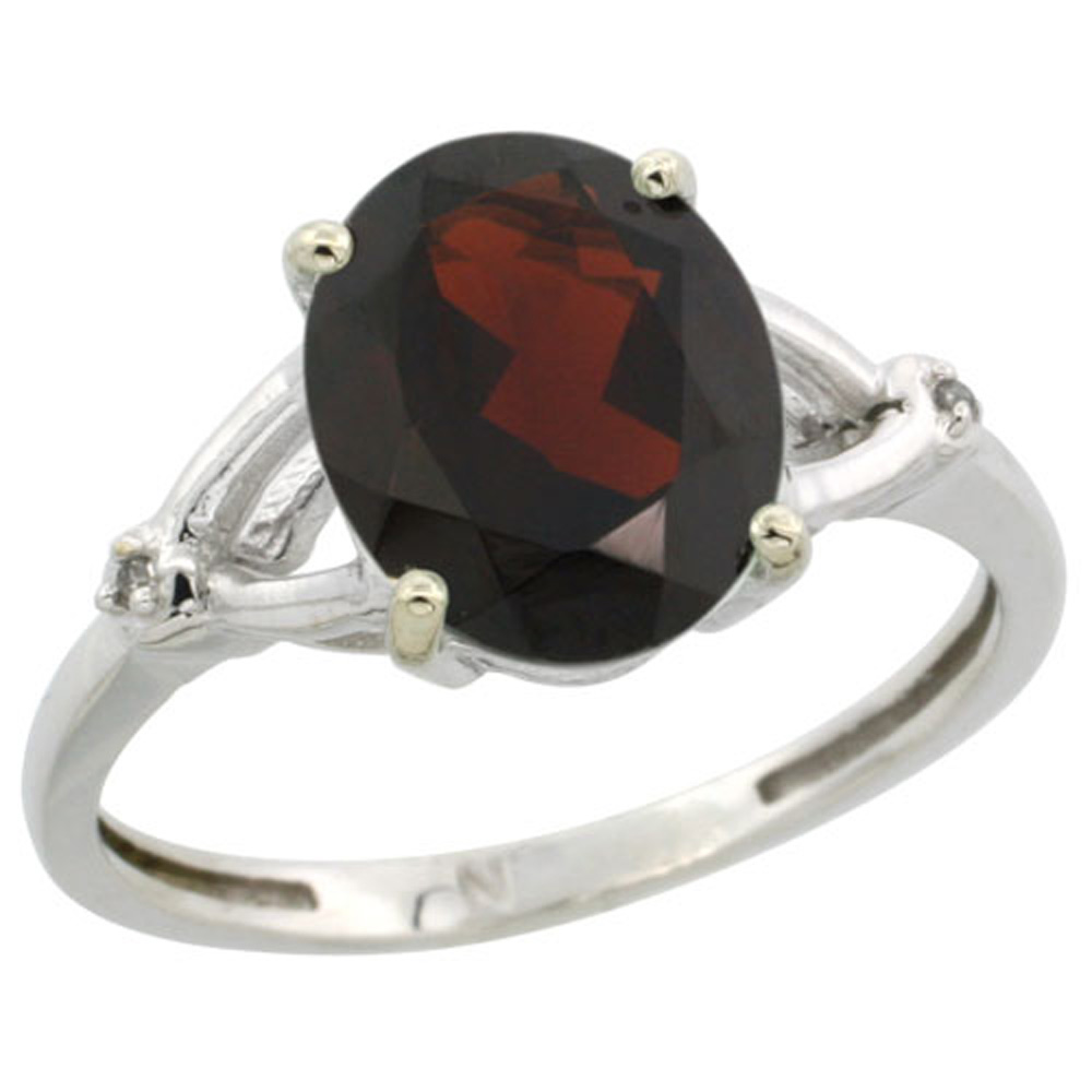 Sterling Silver Diamond 10x8mm Oval Natural Garnet Engagement Ring for Women 3/8 inch wide Sizes 5-10