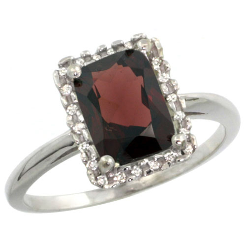 Sterling Silver Diamond Natural Garnet Ring Emerald-cut 8x6mm, 1/2 inch wide, sizes 5-10