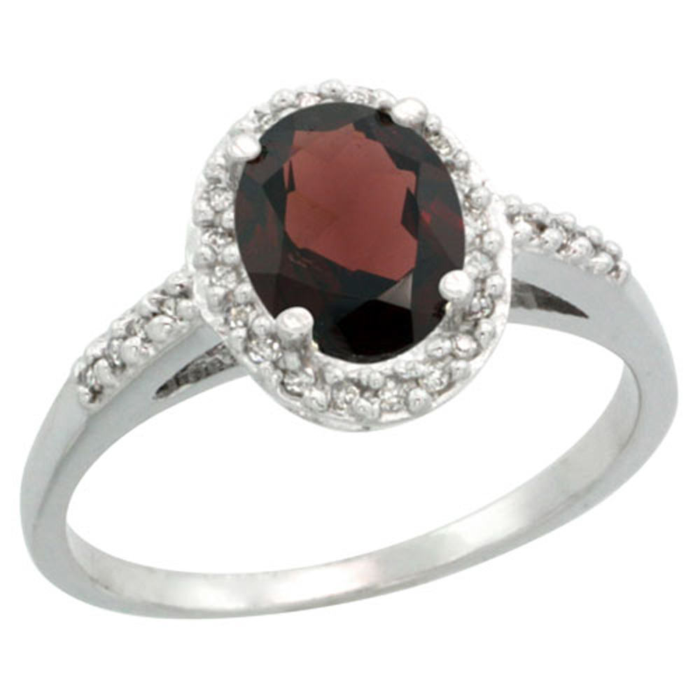 Sterling Silver Diamond Natural Garnet Ring Oval 8x6mm, 3/8 inch wide, sizes 5-10