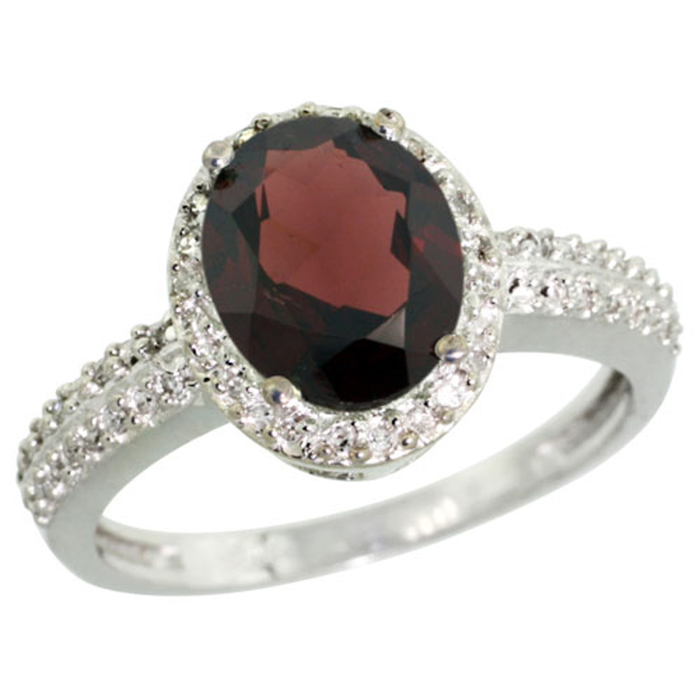 Sterling Silver Diamond Natural Garnet Ring Oval 9x7mm, 1/2 inch wide, sizes 5-10