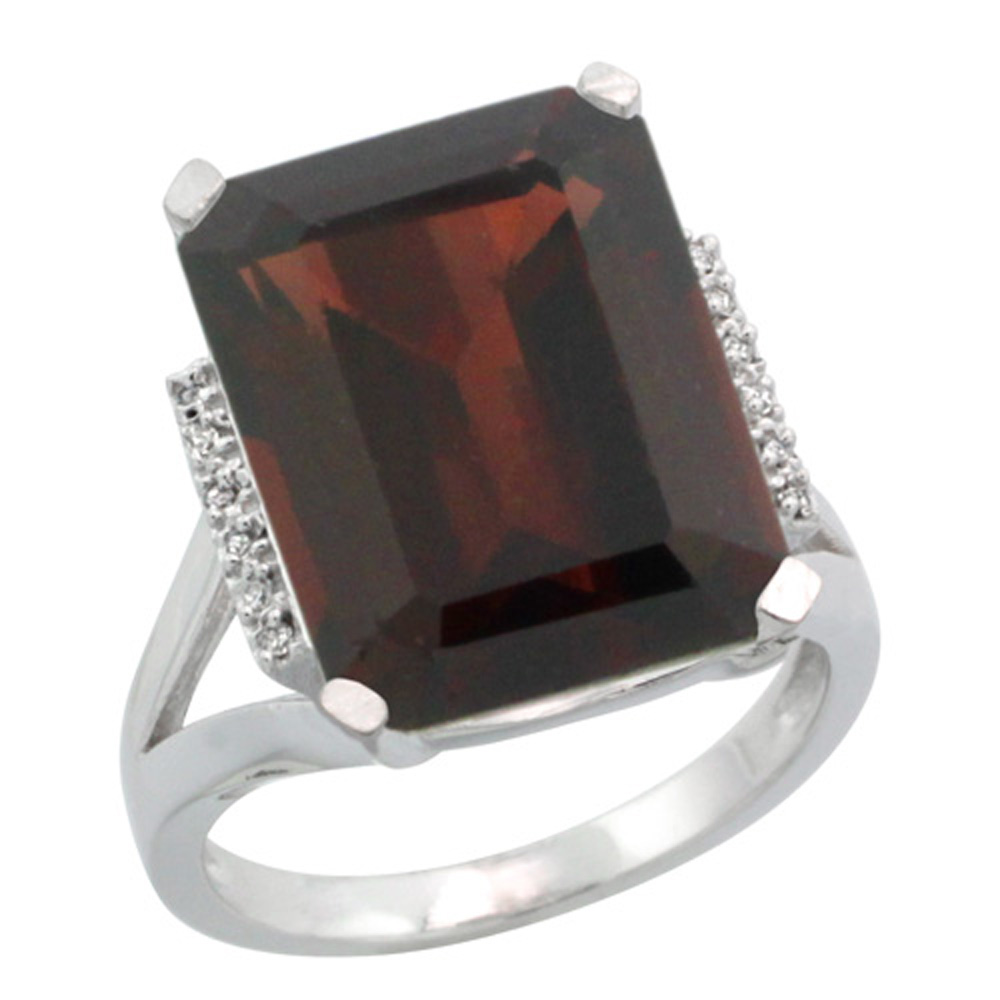 Sterling Silver Diamond Natural Mozambique Garnet Engagement Ring Emerald-cut 16x12 mm, size 5-10