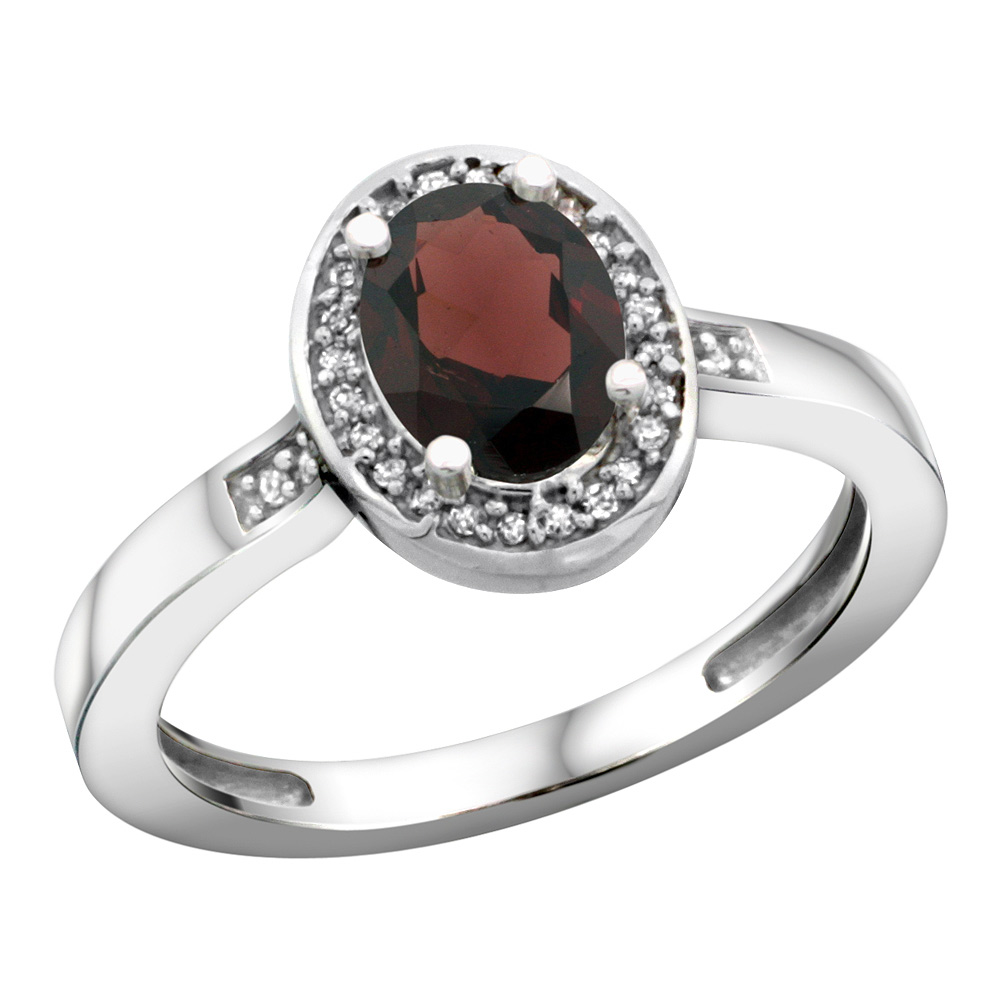 Sterling Silver Diamond Natural Garnet Ring Oval 7x5mm, 1/2 inch wide, sizes 5-10