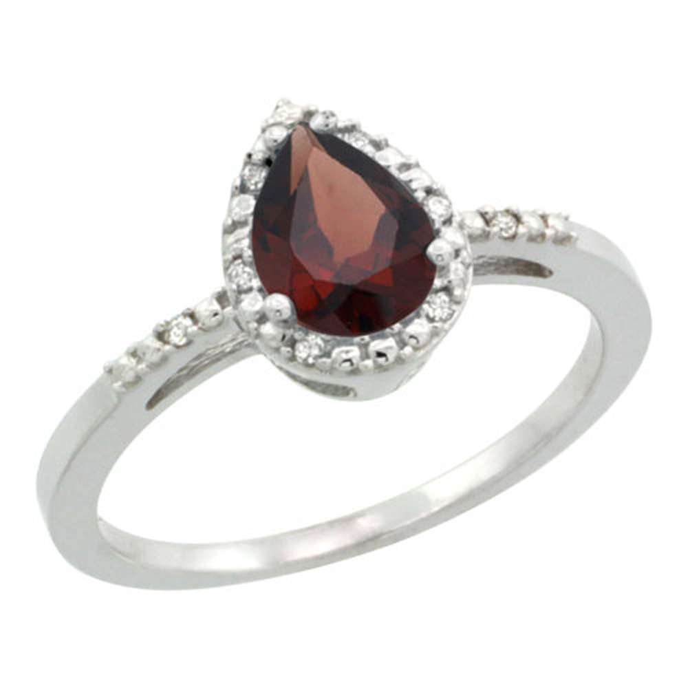 Sterling Silver Diamond Natural Garnet Ring Pear 7x5mm, 3/8 inch wide, sizes 5-10