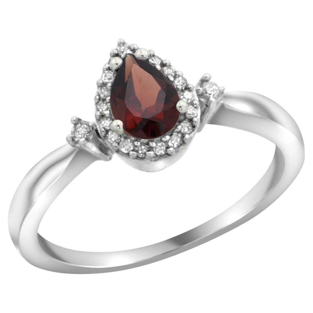 Sterling Silver Diamond Natural Garnet Ring Pear 6x4mm, 3/8 inch wide, sizes 5-10