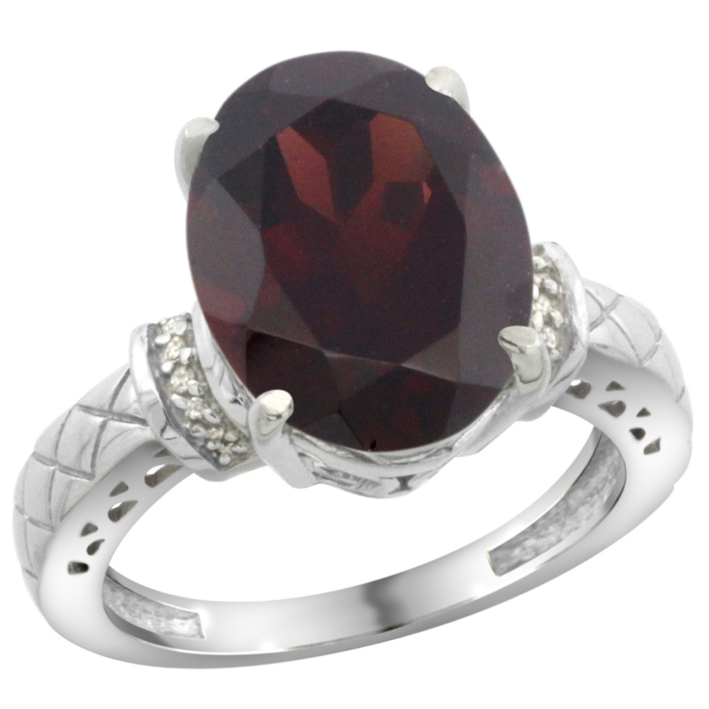 Sterling Silver Diamond Natural Garnet Ring Oval 14x10mm, sizes 5-10