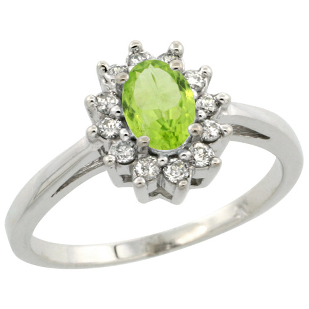 Sterling Silver Natural Peridot Diamond Flower Halo Ring Oval 6X4mm, 3/8 inch wide, sizes 5 10