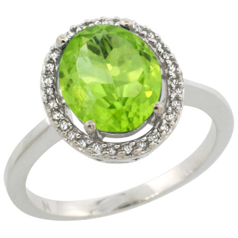 Sterling Silver Diamond Halo Natural Peridot Ring Oval 10X8 mm, 1/2 inch wide, sizes 5-10
