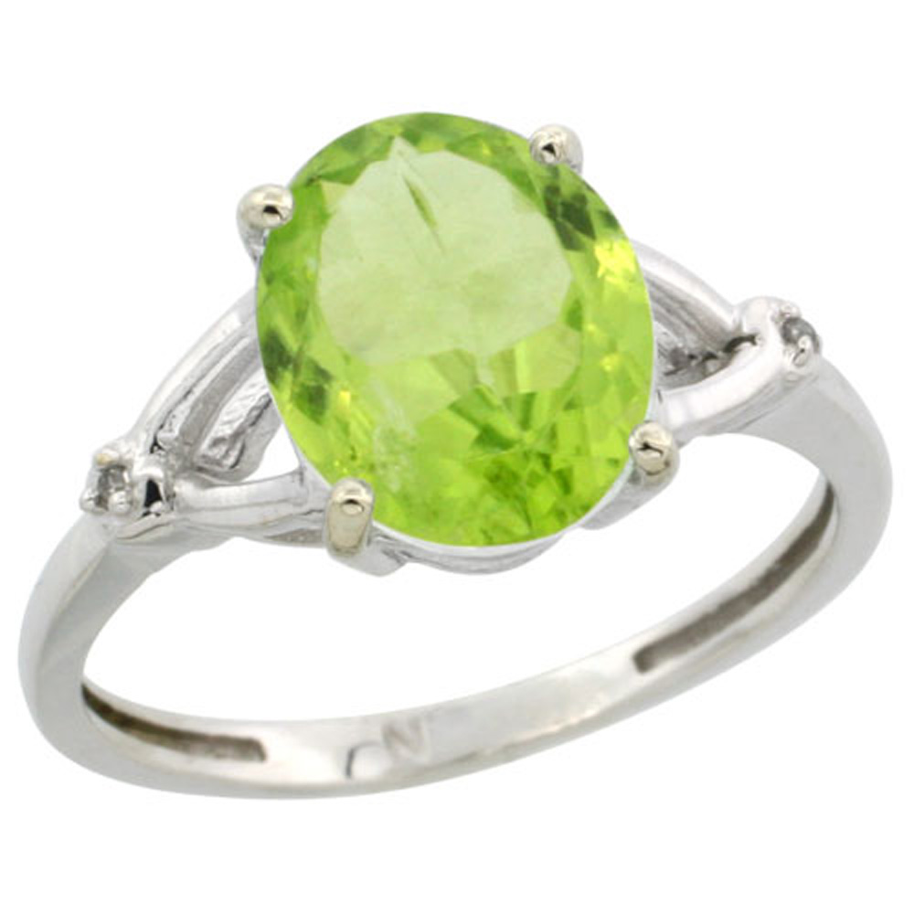 STERLING SILVER SIMPLE LARGE 4 PRONG 10X8MM OVAL PERIDOT ENGAGEMENT RING FOR WOMEN 3/8 INCH WIDE SIZES 6-10 (NO CHAIN)
