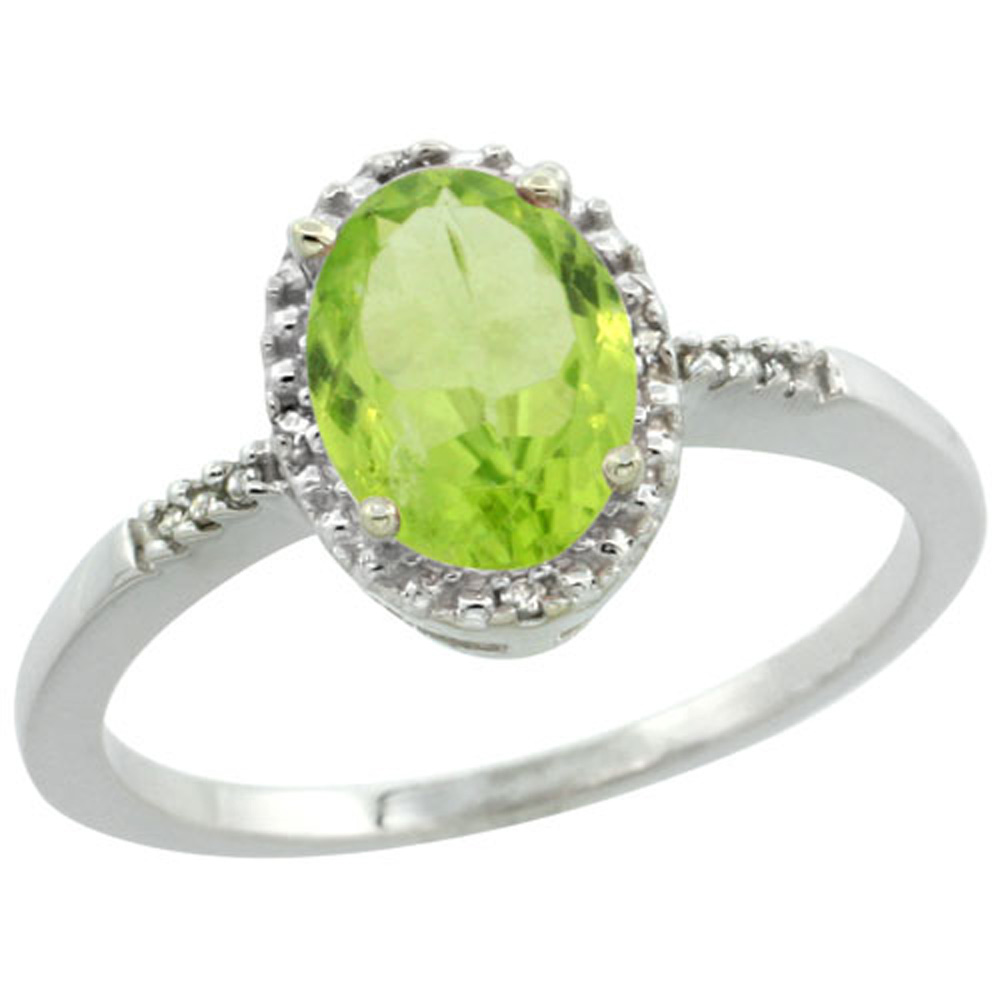 Sterling Silver Diamond Natural Peridot Ring Oval 8x6mm, 3/8 inch wide, sizes 5-10