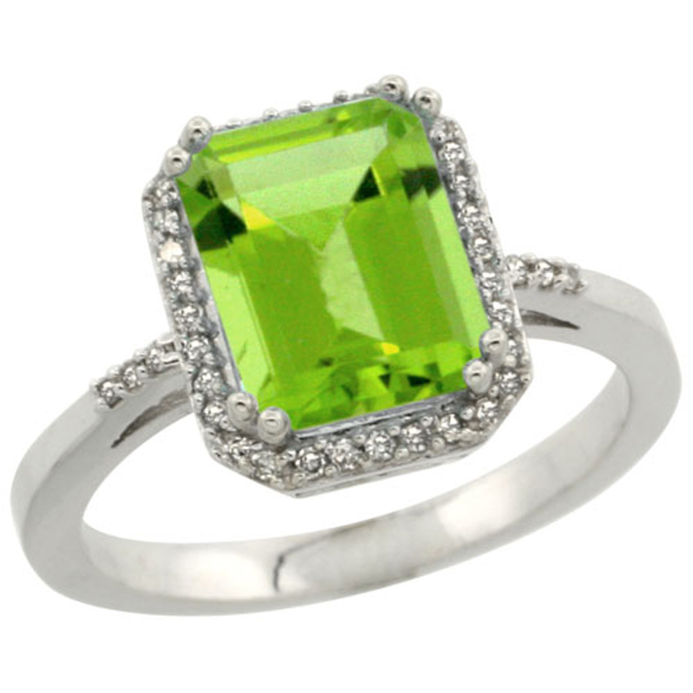 Sterling Silver Diamond Natural Peridot Ring Emerald-cut 9x7mm, 1/2 inch wide, sizes 5-10