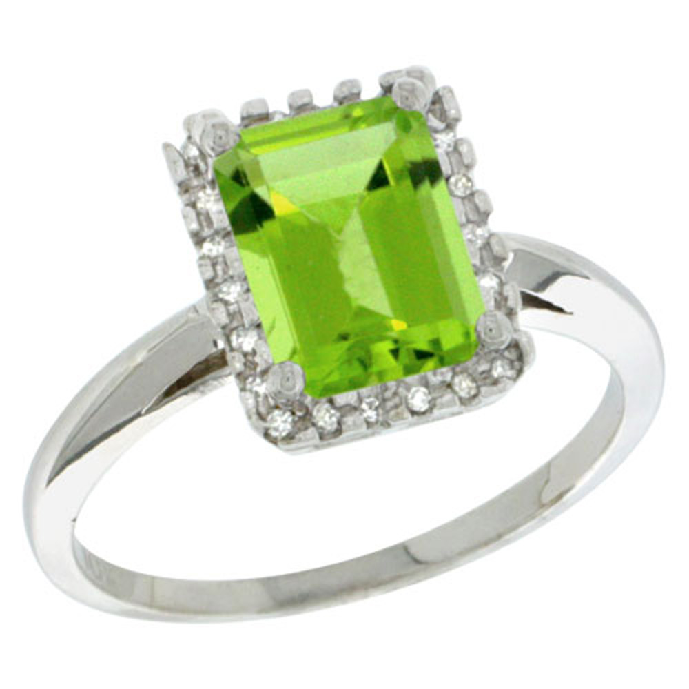 Sterling Silver Diamond Natural Peridot Ring Emerald-cut 8x6mm, 1/2 inch wide, sizes 5-10