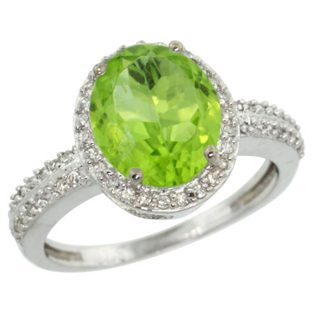 Sterling Silver Diamond Natural Peridot Ring Oval 10x8mm, 1/2 inch wide, sizes 5-10