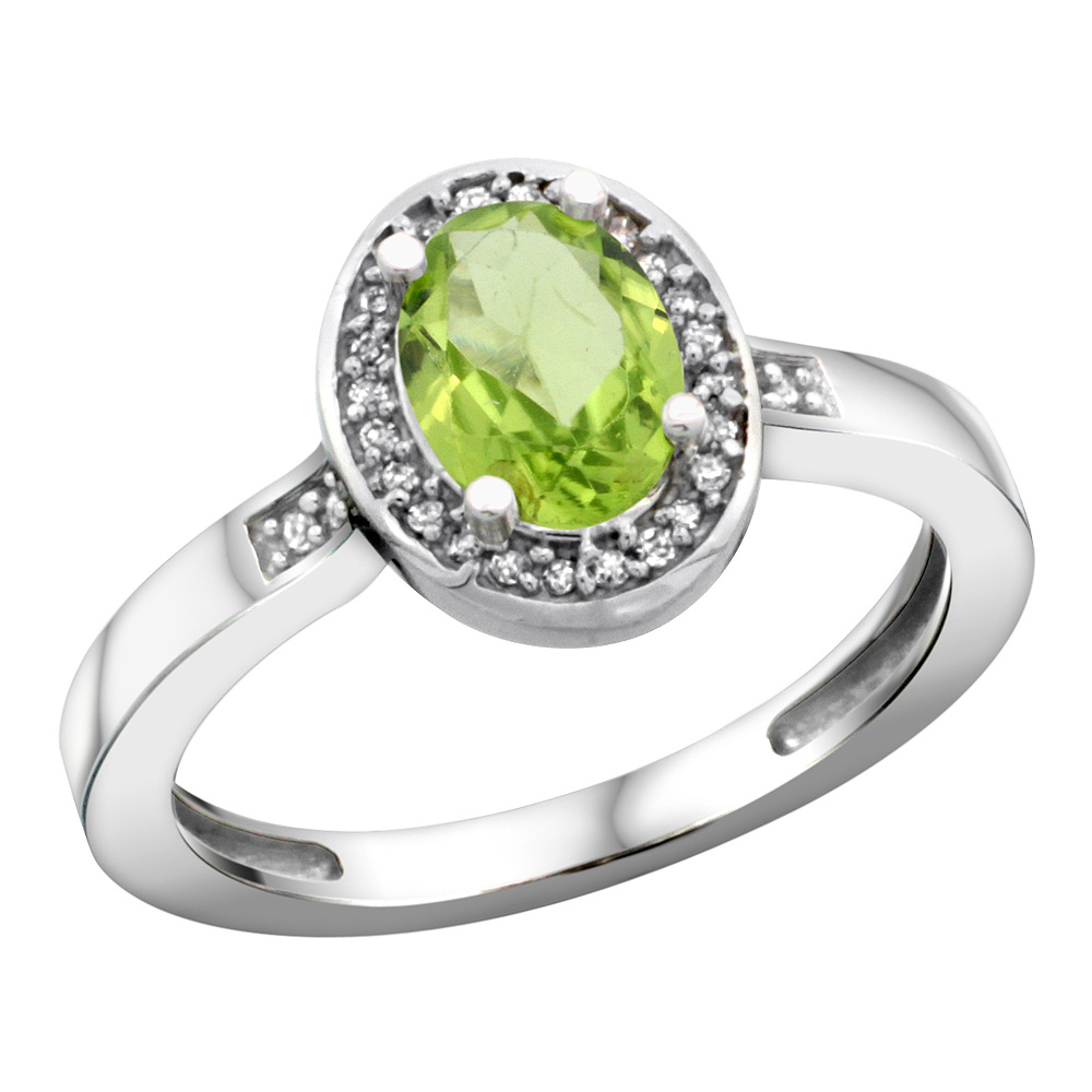 Sterling Silver Diamond Natural Peridot Ring Oval 7x5mm, 1/2 inch wide, sizes 5-10
