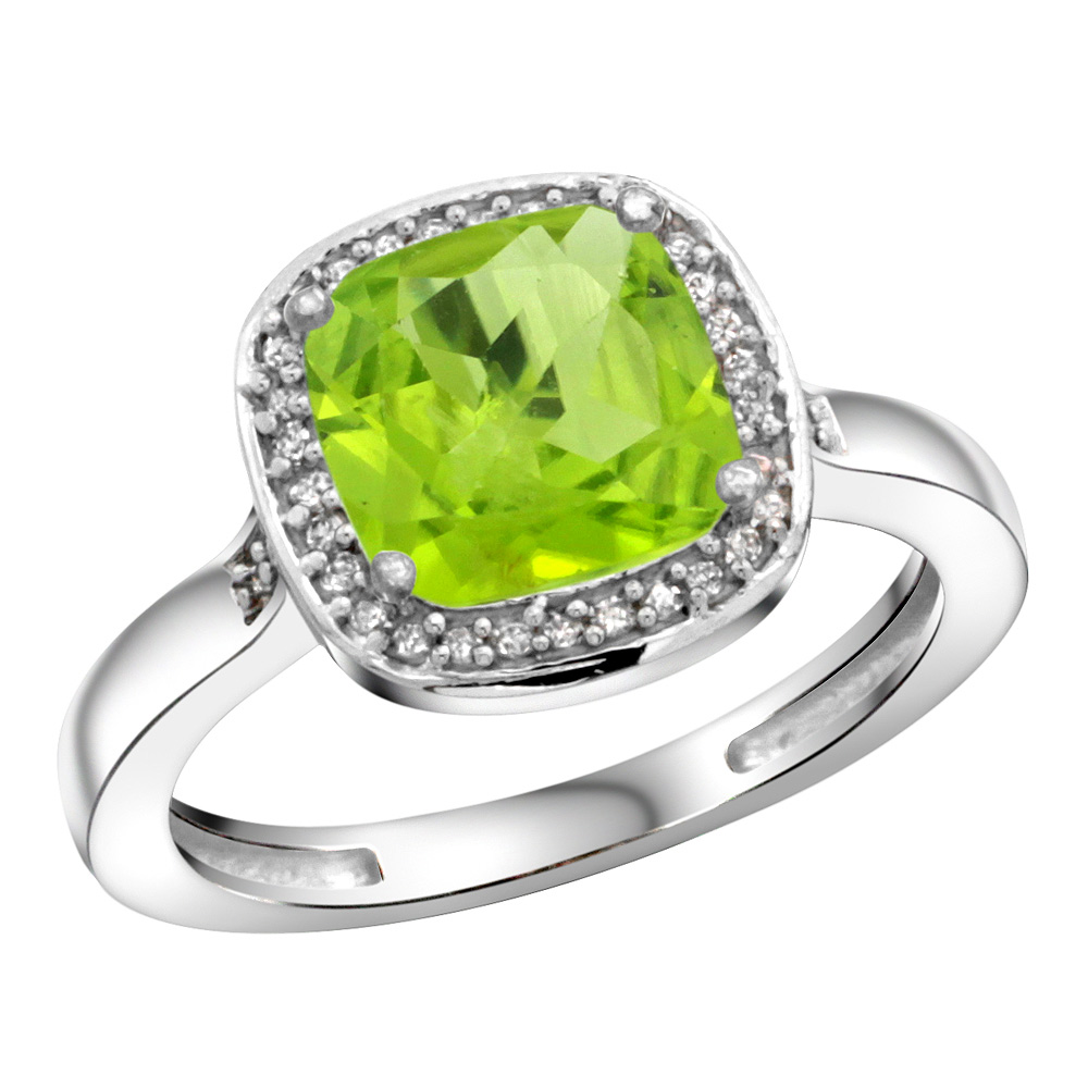 Sterling Silver Diamond Natural Peridot Ring Cushion-cut 8x8mm, 1/2 inch wide, sizes 5-10