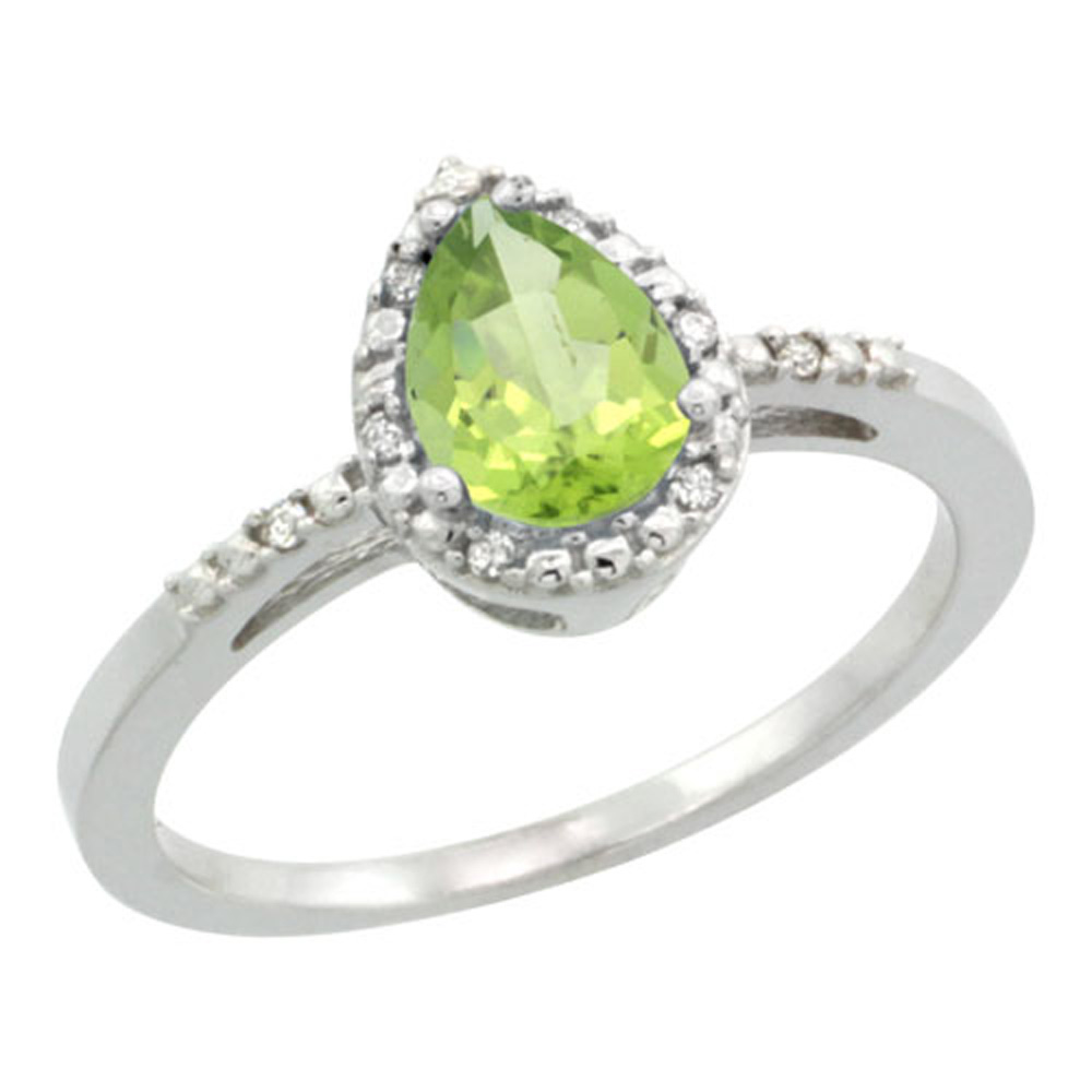 Sterling Silver Diamond Natural Peridot Ring Pear 7x5mm, 3/8 inch wide, sizes 5-10