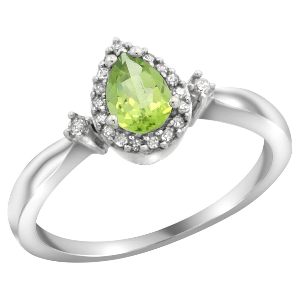 Sterling Silver Diamond Natural Peridot Ring Pear 6x4mm, 3/8 inch wide, sizes 5-10