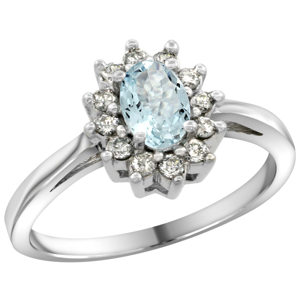 Sterling Silver Natural Aquamarine Diamond Flower Halo Ring Oval 6X4mm, 3/8 inch wide, sizes 5 10