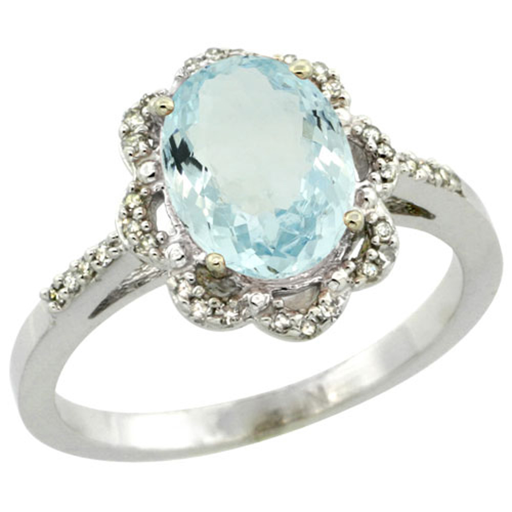 Sterling Silver Diamond Halo Natural Aquamarine Ring Oval 9x7mm, 7/16 inch wide, sizes 5-10