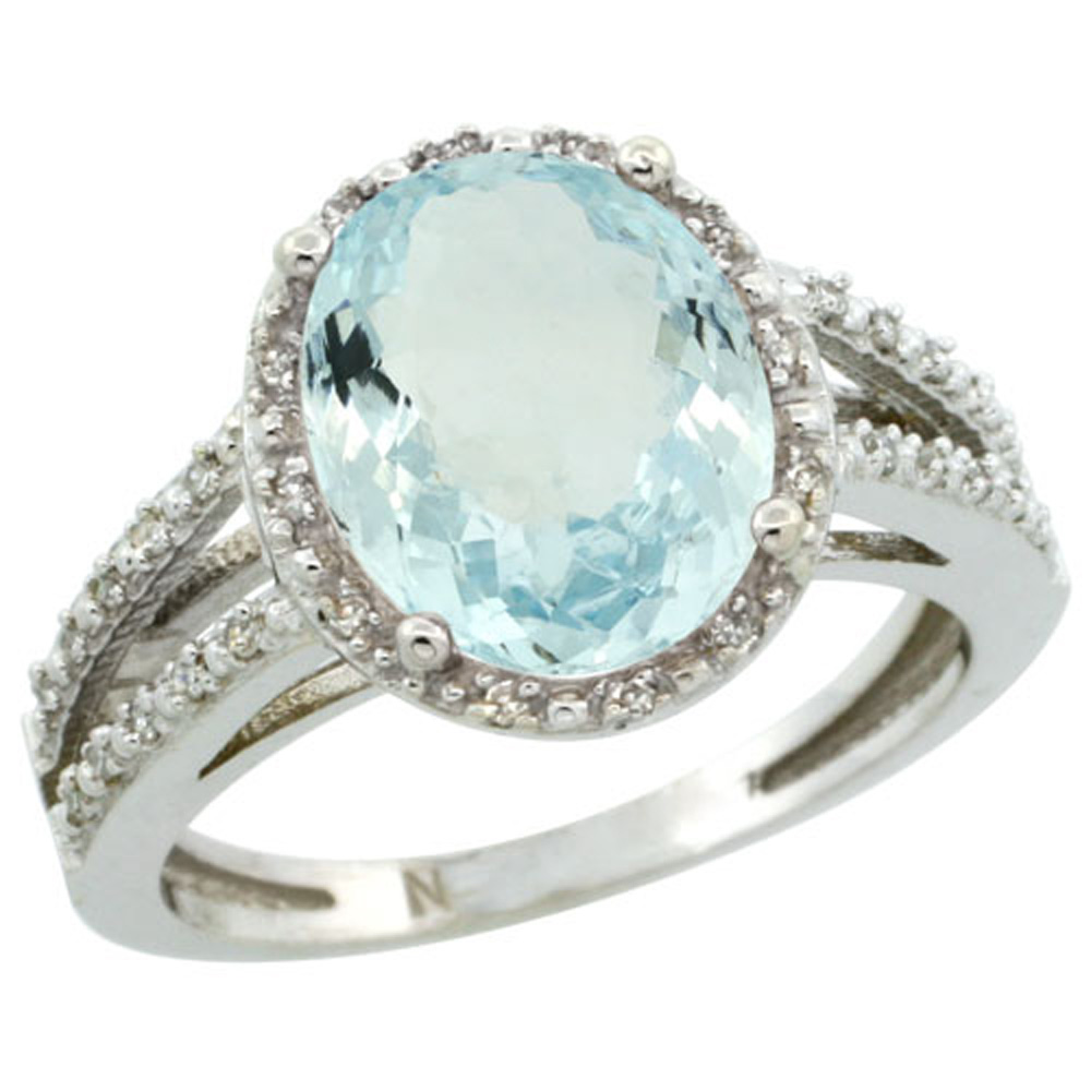 Sterling Silver Diamond Halo Natural Aquamarine Ring Oval 11x9mm, 7/16 inch wide, sizes 5-10