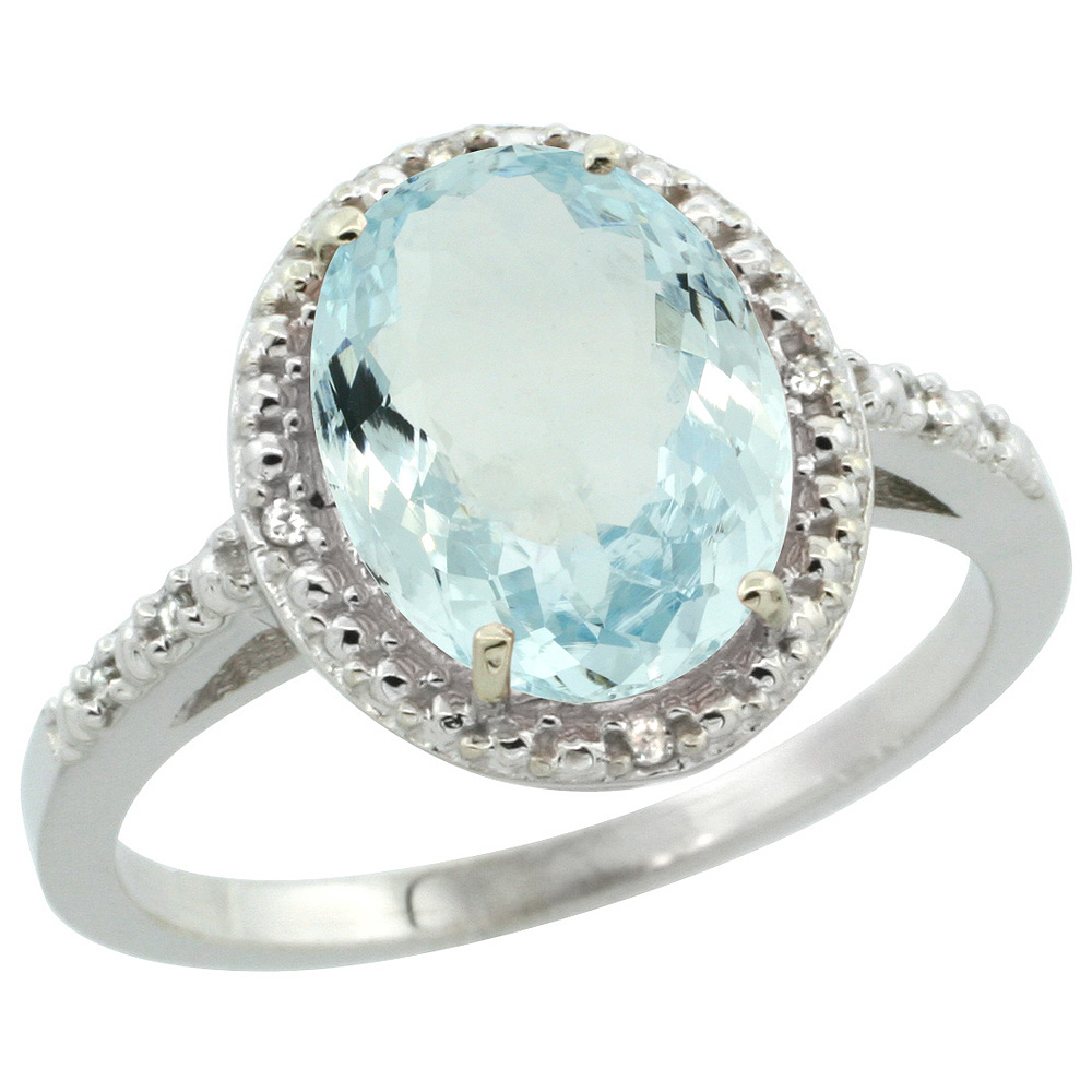 Sterling Silver Diamond Natural Aquamarine Ring Oval 10x8mm, 1/2 inch wide, sizes 5-10