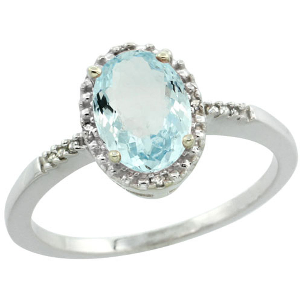 Sterling Silver Diamond Natural Aquamarine Ring Oval 8x6mm, 3/8 inch wide, sizes 5-10