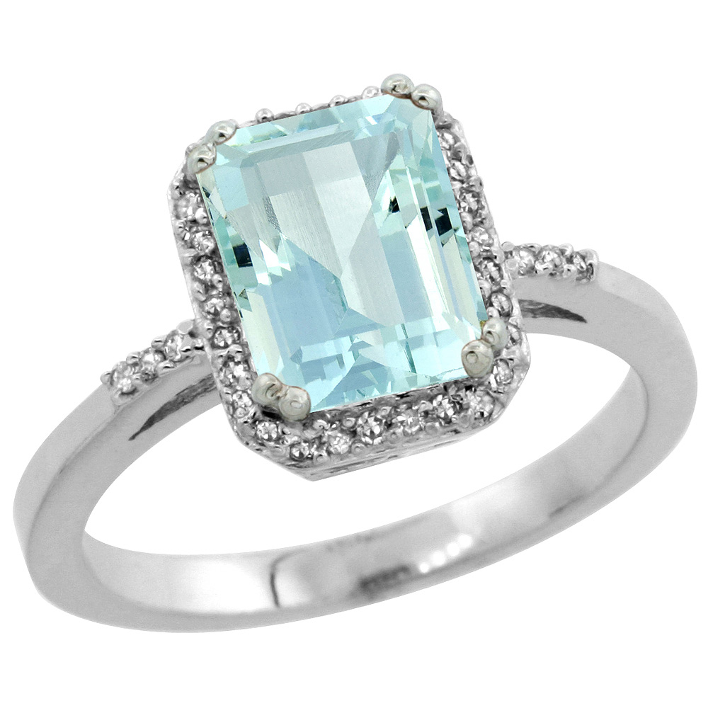 Sterling Silver Diamond Natural Aquamarine Ring Emerald-cut 8x6mm, 1/2 inch wide, sizes 5-10